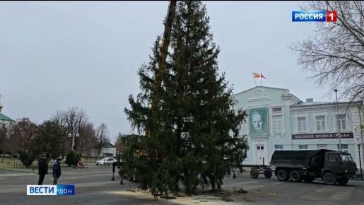 На центральной площади в станице Вешенской установили новогоднюю ёлку