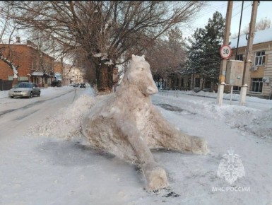 В Новочеркасске начальник караула 28-й пожарно-спасательной части Сергей Шельпов сделал снеговика в виде символа 2026 года – лошади