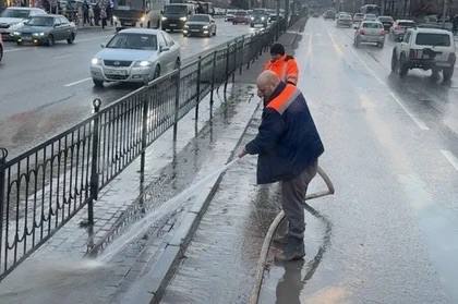 В Ростове после снегопадов отмывают дороги, тротуары и остановки