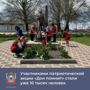 За первые две недели патриотической акции «Дон помнит» в ней приняли участие почти 10 тысяч жителей области, в порядок приведено 747 памятников и воинских захоронений