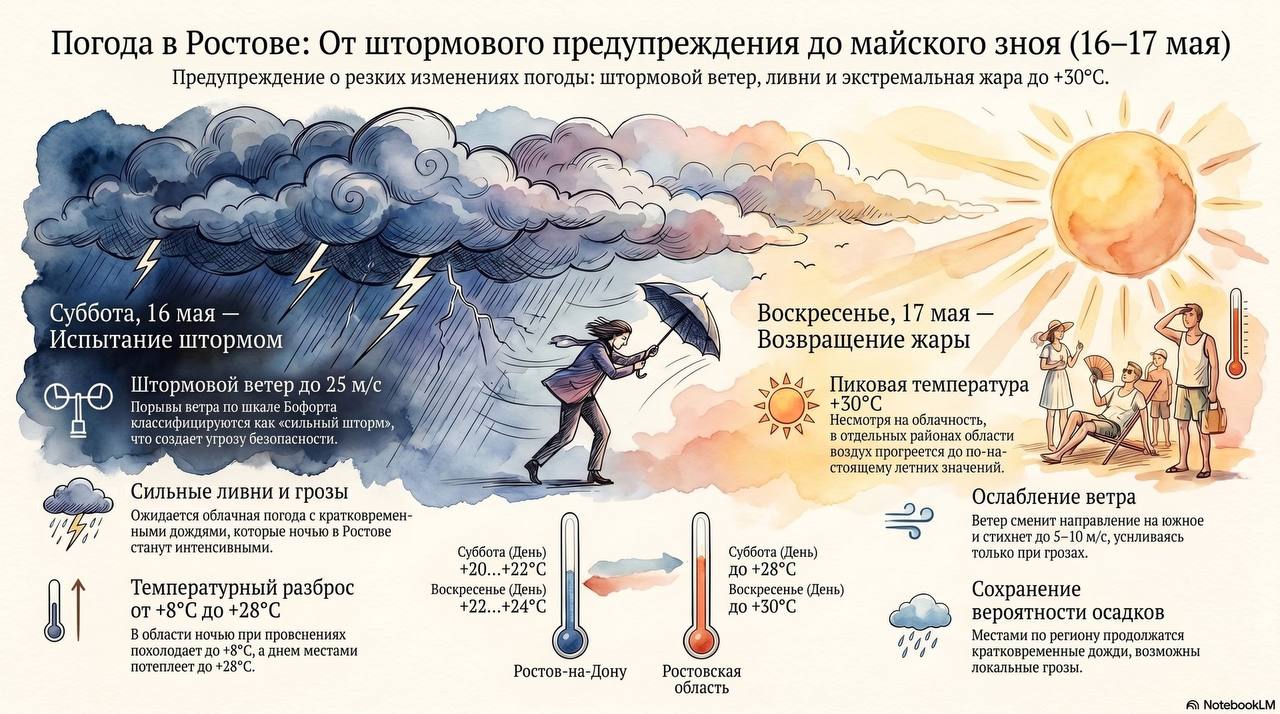 Жара до +30, ливни, грозы и штормовой ветер: какой будет погода в Ростовской области в выходные 16 — 17 мая