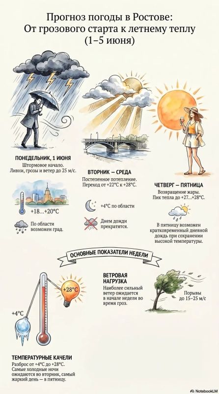 От +4 до +28, дожди, грозы и сильный ветер: какой будет погода в Ростовской области на неделе 1 — 5 июня