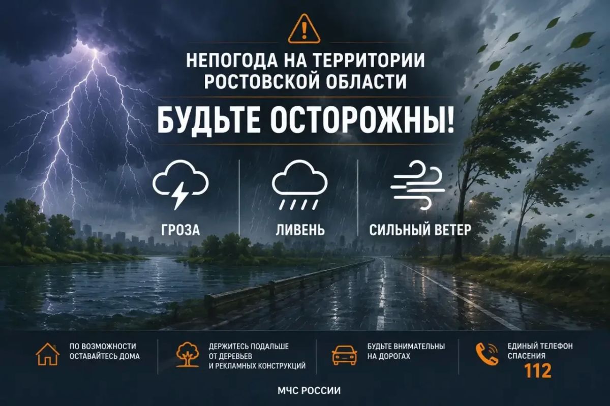 Штормовое предупреждение. По данным Ростгидромета, в период 11-12 часов и до конца суток 15 июля, ночью и утром 16 июля местами в Ростовской области сильный дождь, ливень в сочетании с грозой, градом и сильным ветром 20-23...