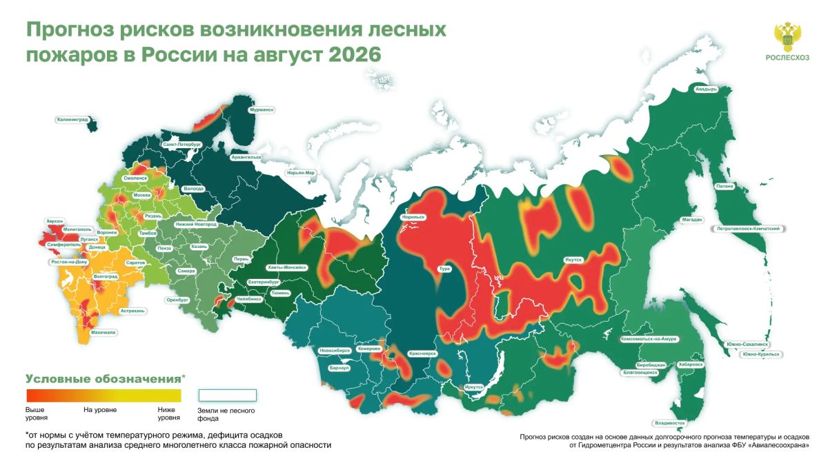 ФБУ «Авиалесоохрана», подведомственная организация Рослесхоза, разработала предварительный прогноз рисков возникновения пожарной опасности в лесах России на август 2026 года