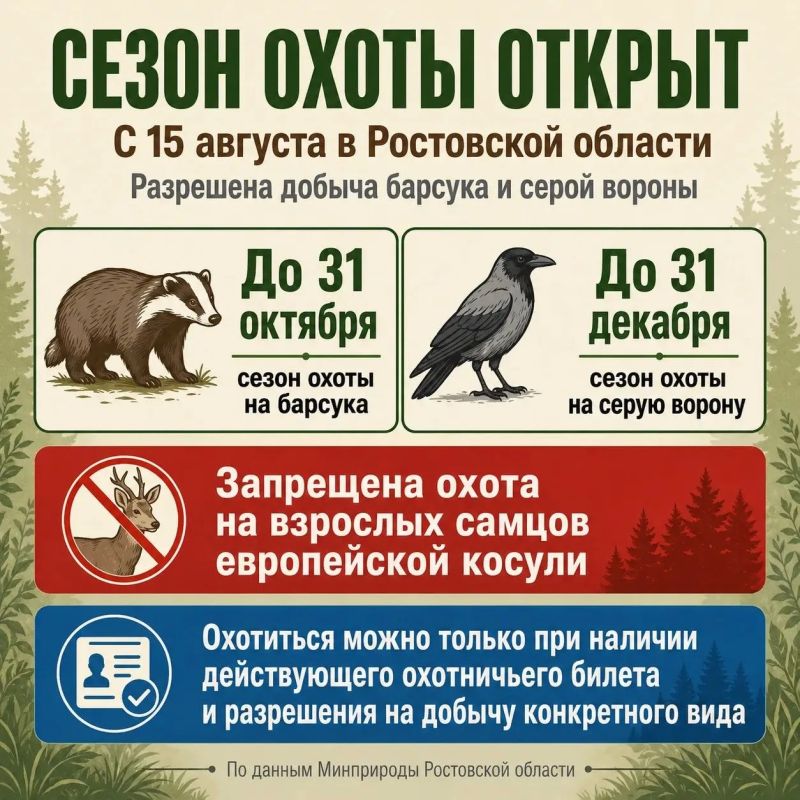 Сегодня стартует сезон охоты на барсука и серую ворону в Ростовской области