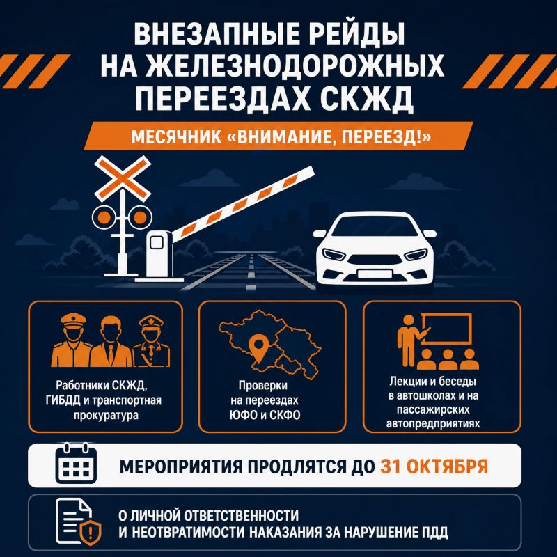 Внезапные рейды по выявлению нарушителей-автомобилистов проведут на переездах СКЖД