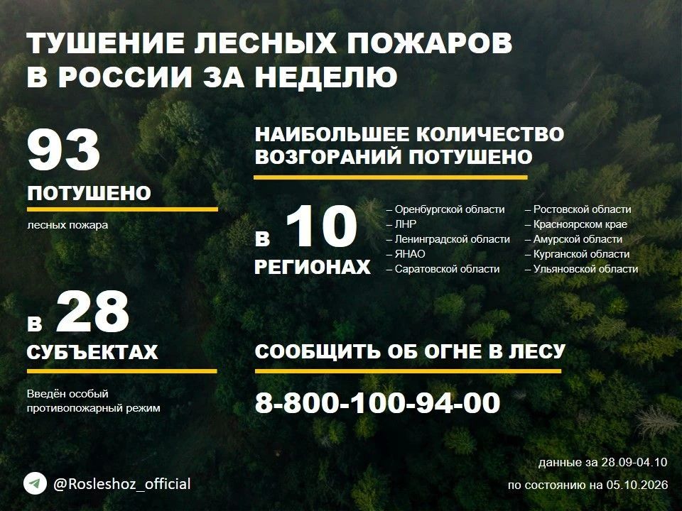 По данным Авиалесоохраны, подведомственной организации Рослесхоза, за прошедшую неделю потушено 93 лесных пожара в 27 регионах России