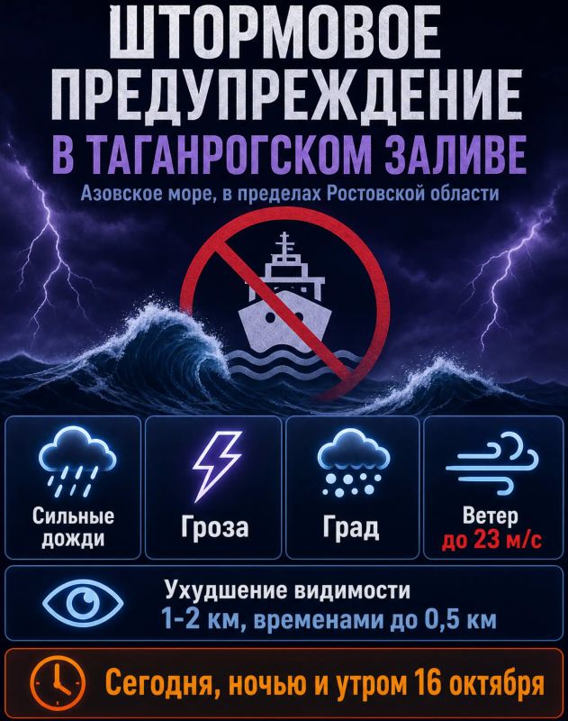 Штормовое предупреждение из-за ливней и грозы объявили в Таганрогском заливе