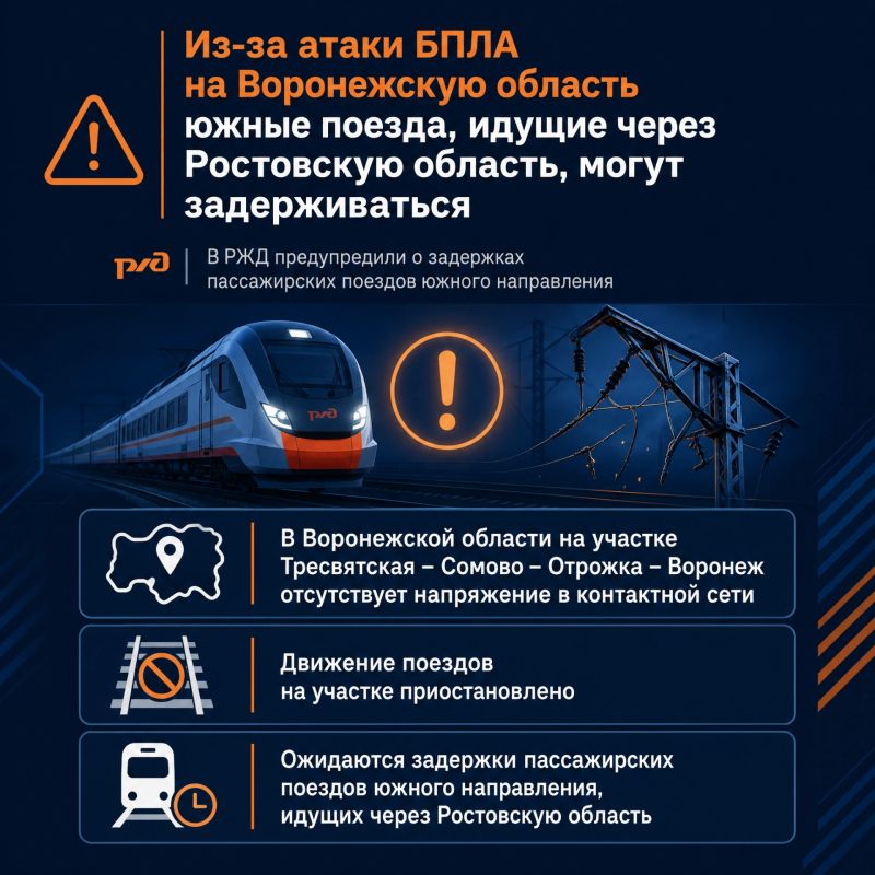 Из-за атаки БПЛА на Воронежскую область поезда, идущие на юг через Ростовскую область, могут задерживаться