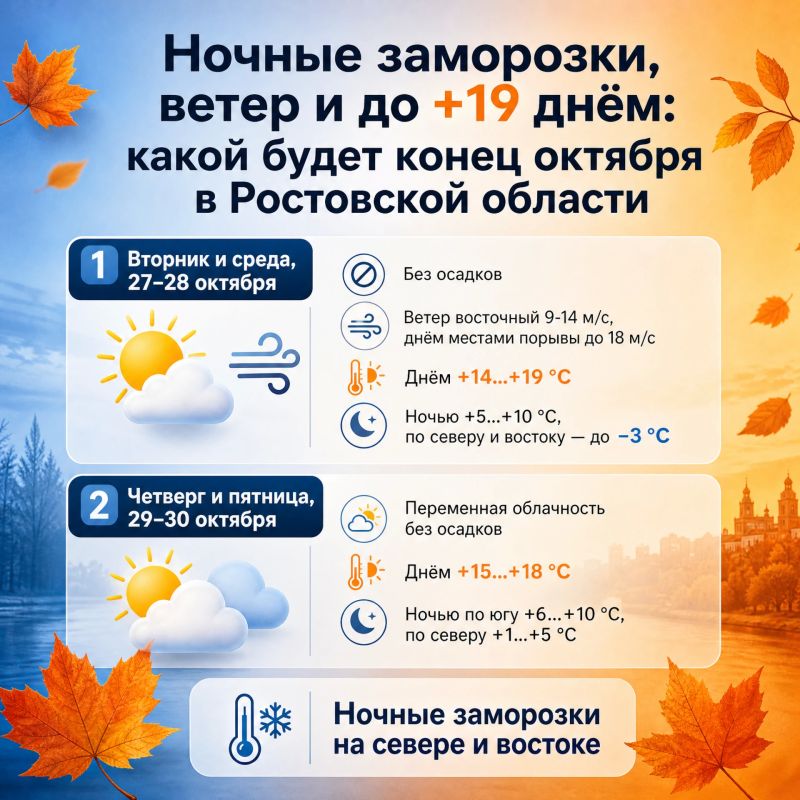 Ночные заморозки, ветер и до +19 днём: каким будет конец октября в Ростовской области